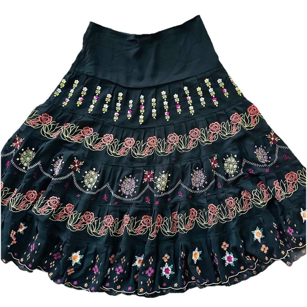 Silk Club Collection Black Embroidered Floral Midi Skirt-10-Boho Flowy Fairycore